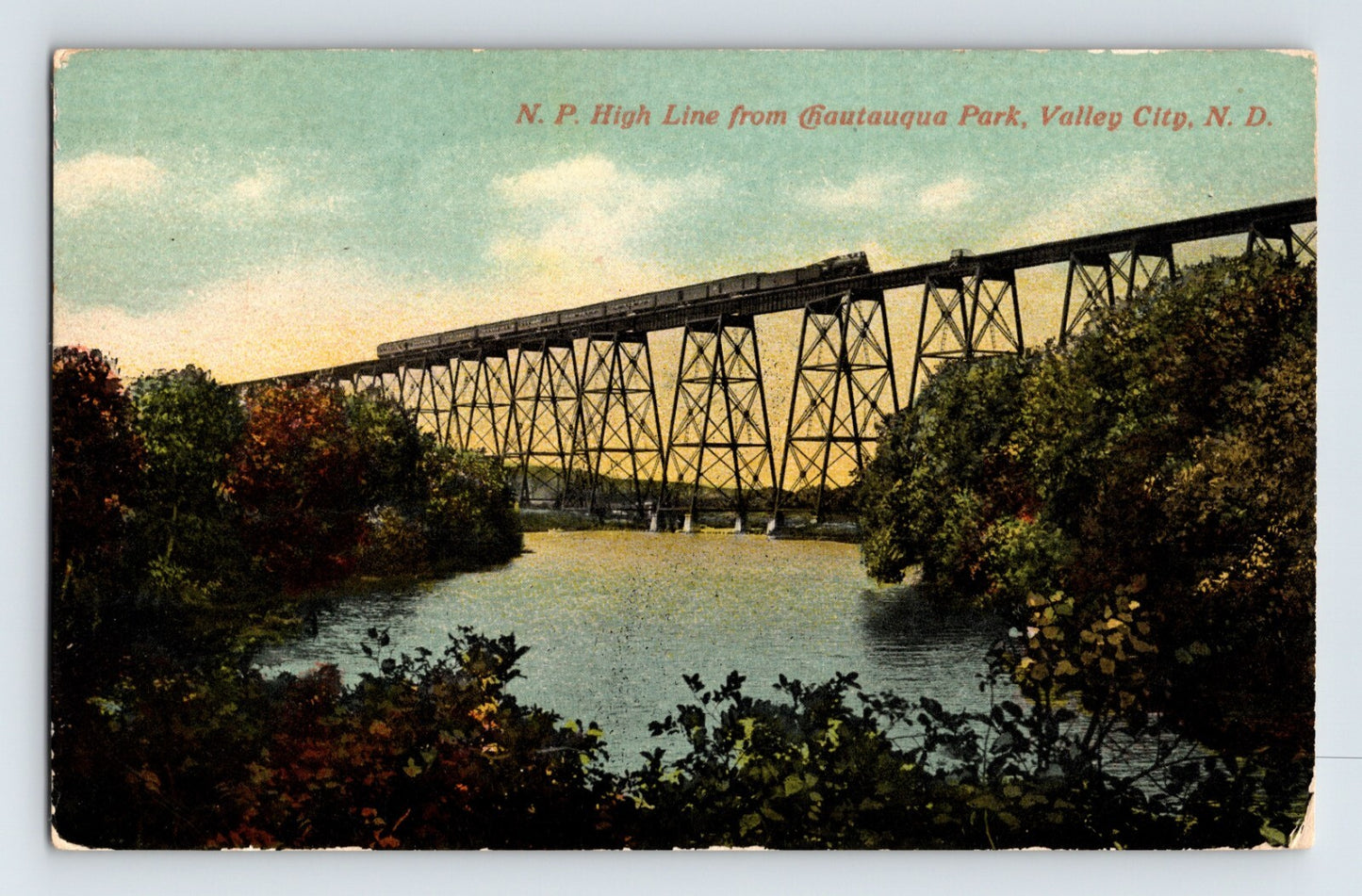 Valley City North Dakota Northern Pacific High Line railroad bridge 1919 postcard