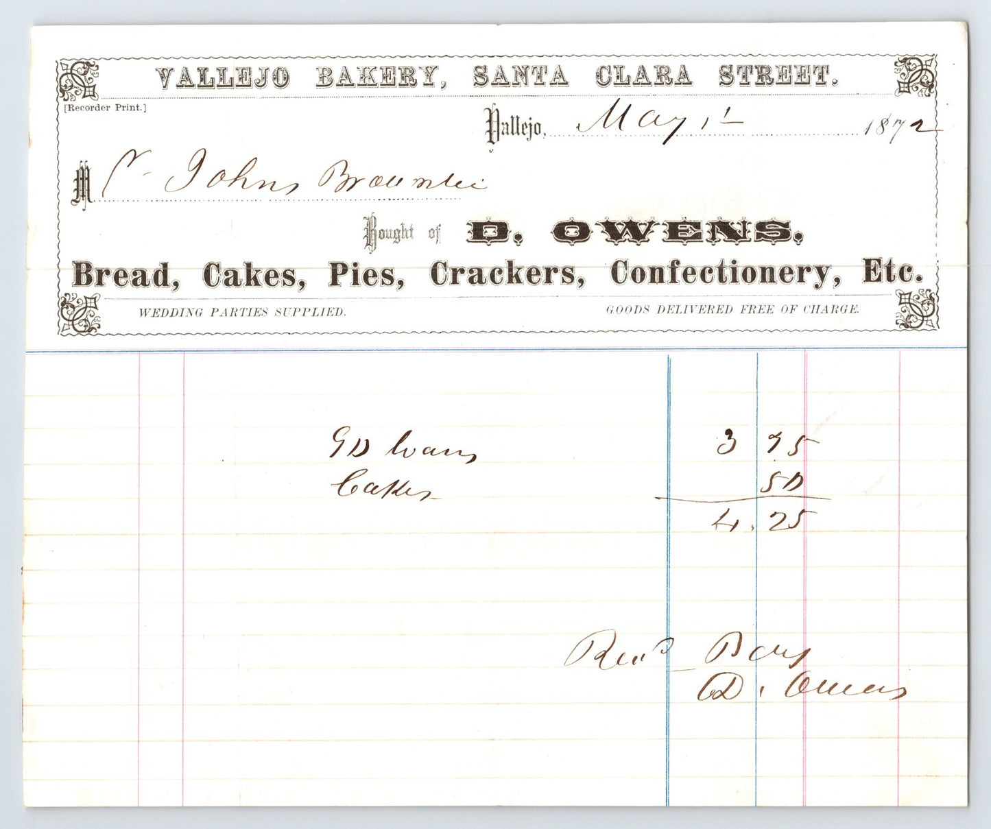 Vallejo Bakery Santa Clara Street 1872 billhead D Owens bread cakes pies Vallejo California