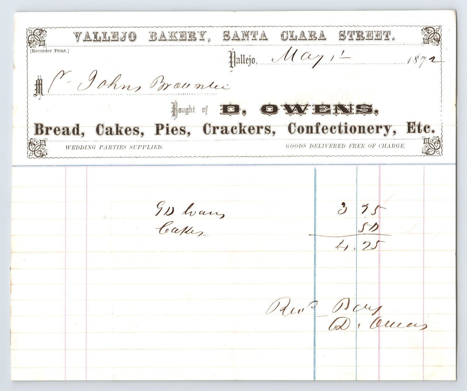 Vallejo Bakery Santa Clara Street 1872 billhead D Owens bread cakes pies Vallejo California