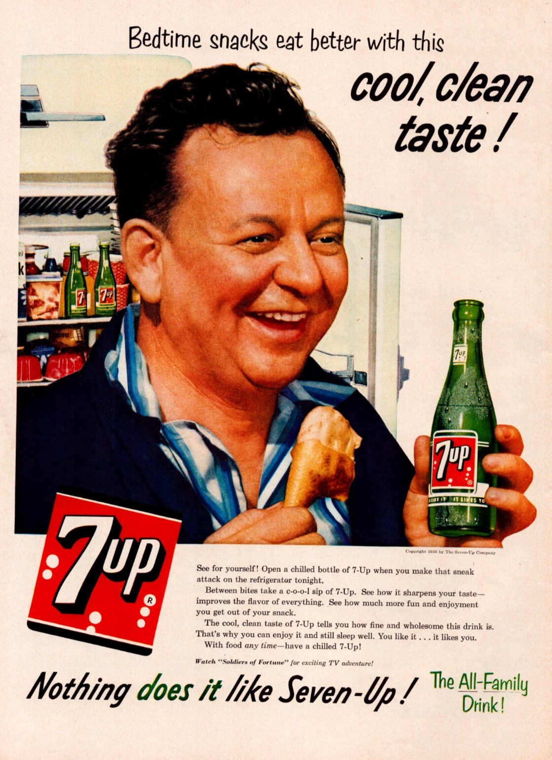 7 Up soda 1956 print ad man ice cream cone refrigerator bottle vintage advertising page