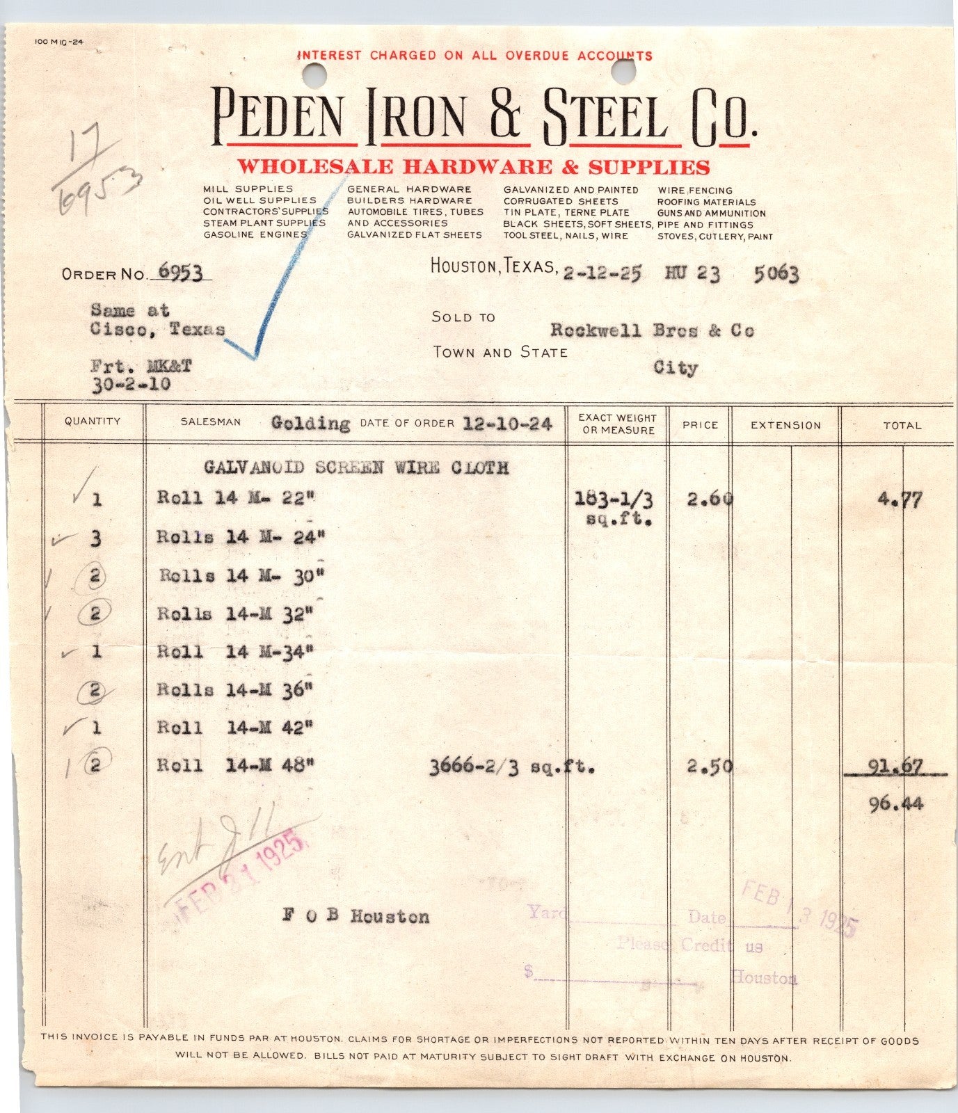 1925 Peden Iron and Steel Houston Texas invoice galvanized screen wire cloth