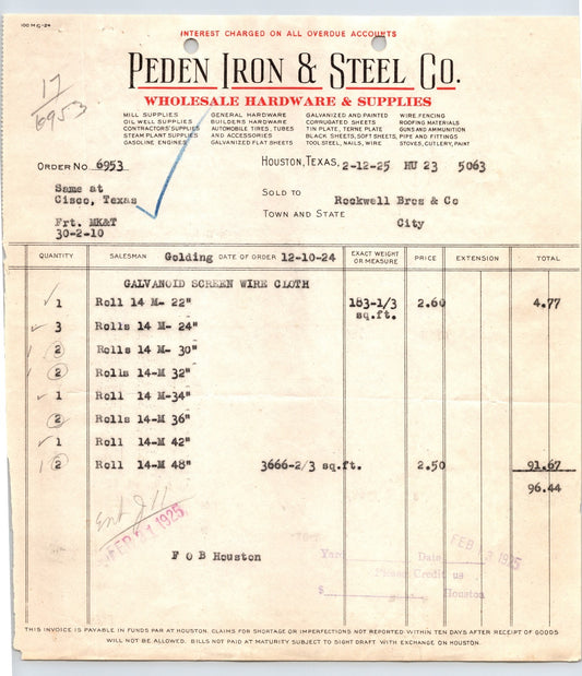 1925 Peden Iron and Steel Houston Texas invoice galvanized screen wire cloth