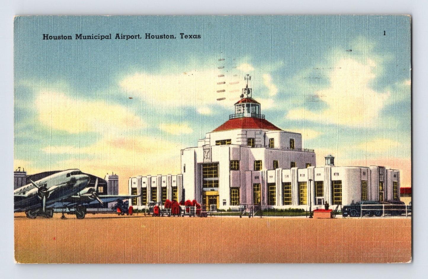 Houston Texas Municipal Airport terminal airplane 1948 linen postcard