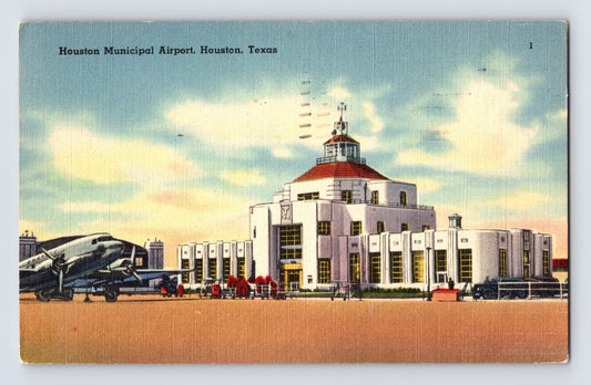 Houston Texas Municipal Airport terminal airplane 1948 linen postcard