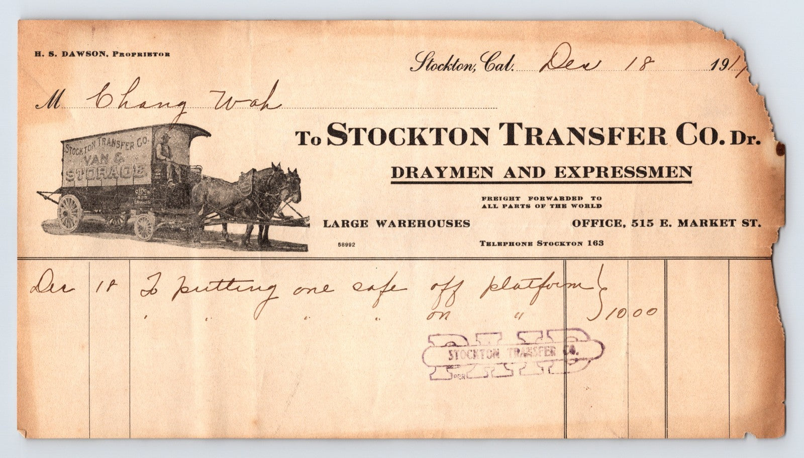 Stockton California Transfer Company horse drawn van draymen expressmen illustrated billhead invoice 1910s