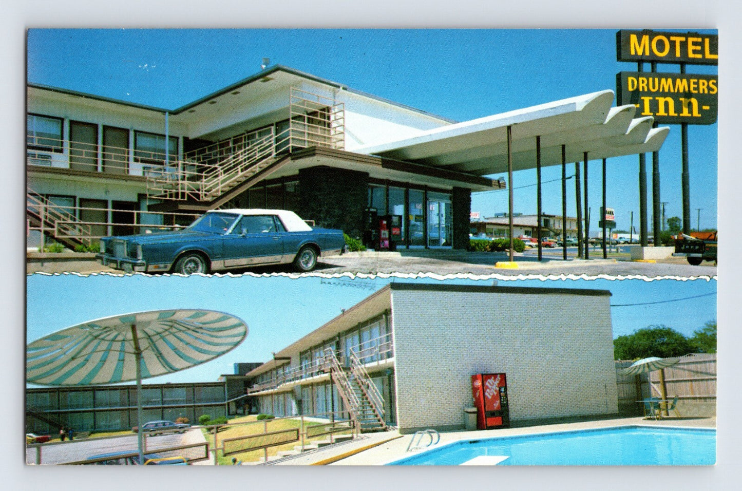 Fort Worth Texas Drummers Inn Motel exterior with parked car poolside view and Dr Pepper vending machine multi image postcard
