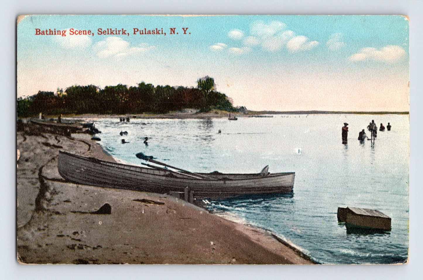 Pulaski New York Selkirk bathing scene shoreline rowboat swimmers 1910s postcard