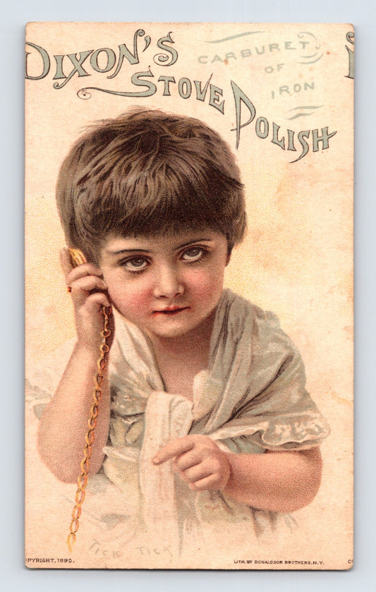 Dixons Carburet of Iron Stove Polish 1890 trade card featuring child with pocket watch chain and illustrated product package advertising reverse from Jersey City, New Jersey.