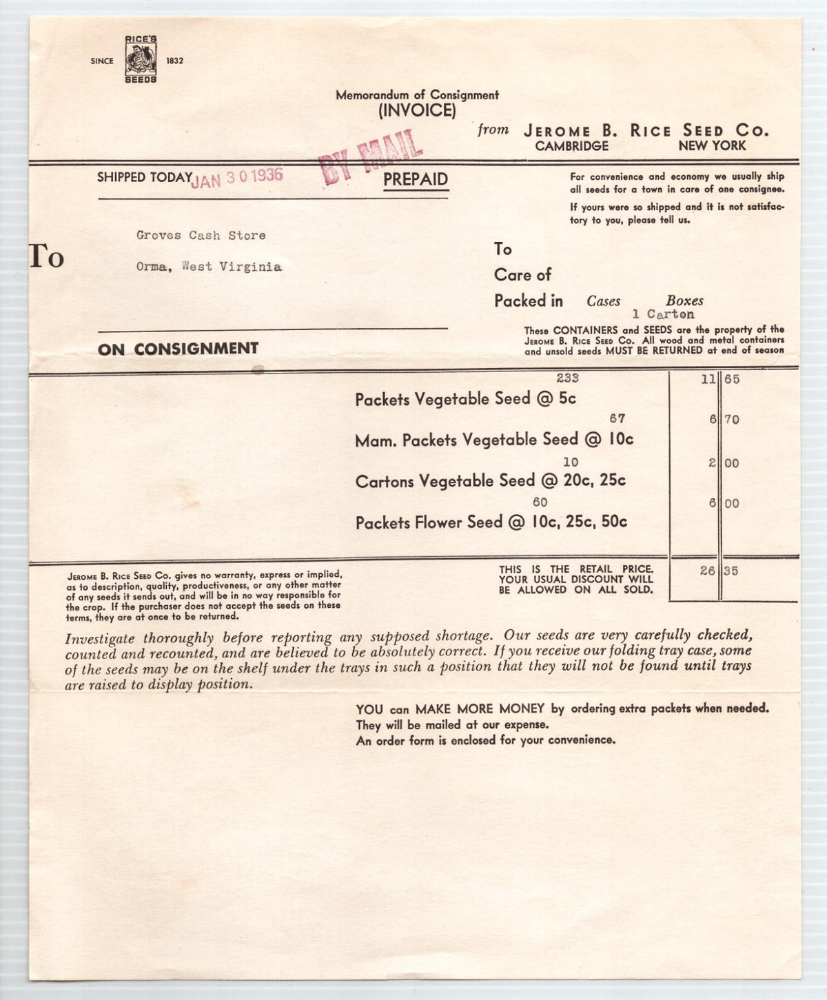Cambridge New York 1936 Rice Seed Company Billhead Catalog 2-Page 8.5 x 11