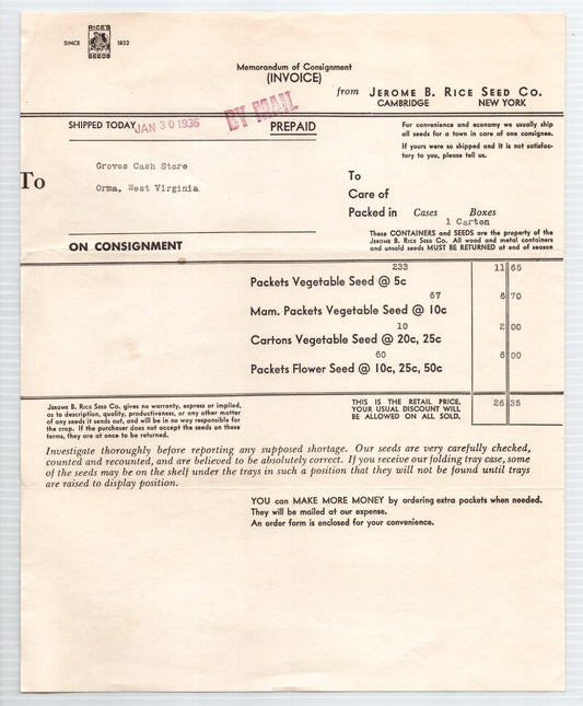 Cambridge New York 1936 Rice Seed Company Billhead Catalog 2-Page 8.5 x 11