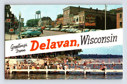 Delavan Wisconsin Downtown Lake Beach Mobil Oil Banner 1960s Postcard