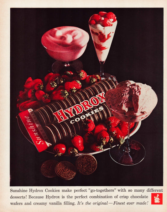 Hydrox Cookies 1961 Sunshine print ad strawberries desserts ice cream vintage food advertisement