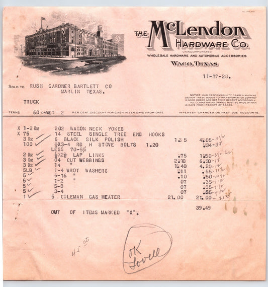 1928 McLendon Hardware Waco Texas invoice wagon neck yokes Coleman gas heater