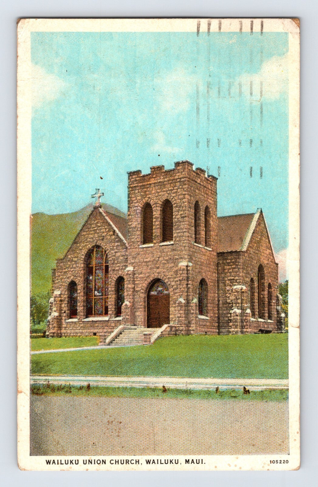 Wailuku Hawaii Union Church stone building Maui 1933 postcard white border