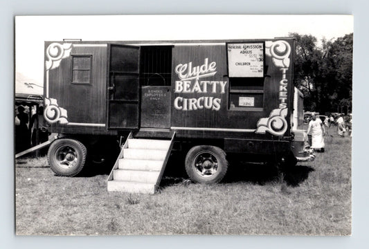 Clyde Beatty Circus ticket wagon trailer with signage and steps 1953 vintage photo