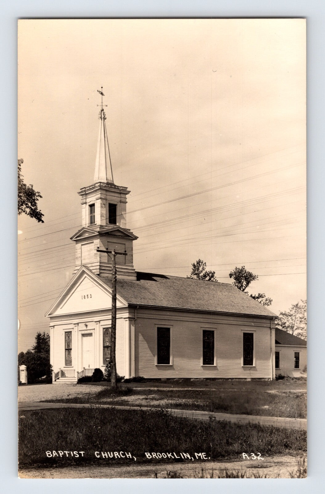 Brooklin Maine Baptist Church exterior steeple wooden building photo 1940s postcard