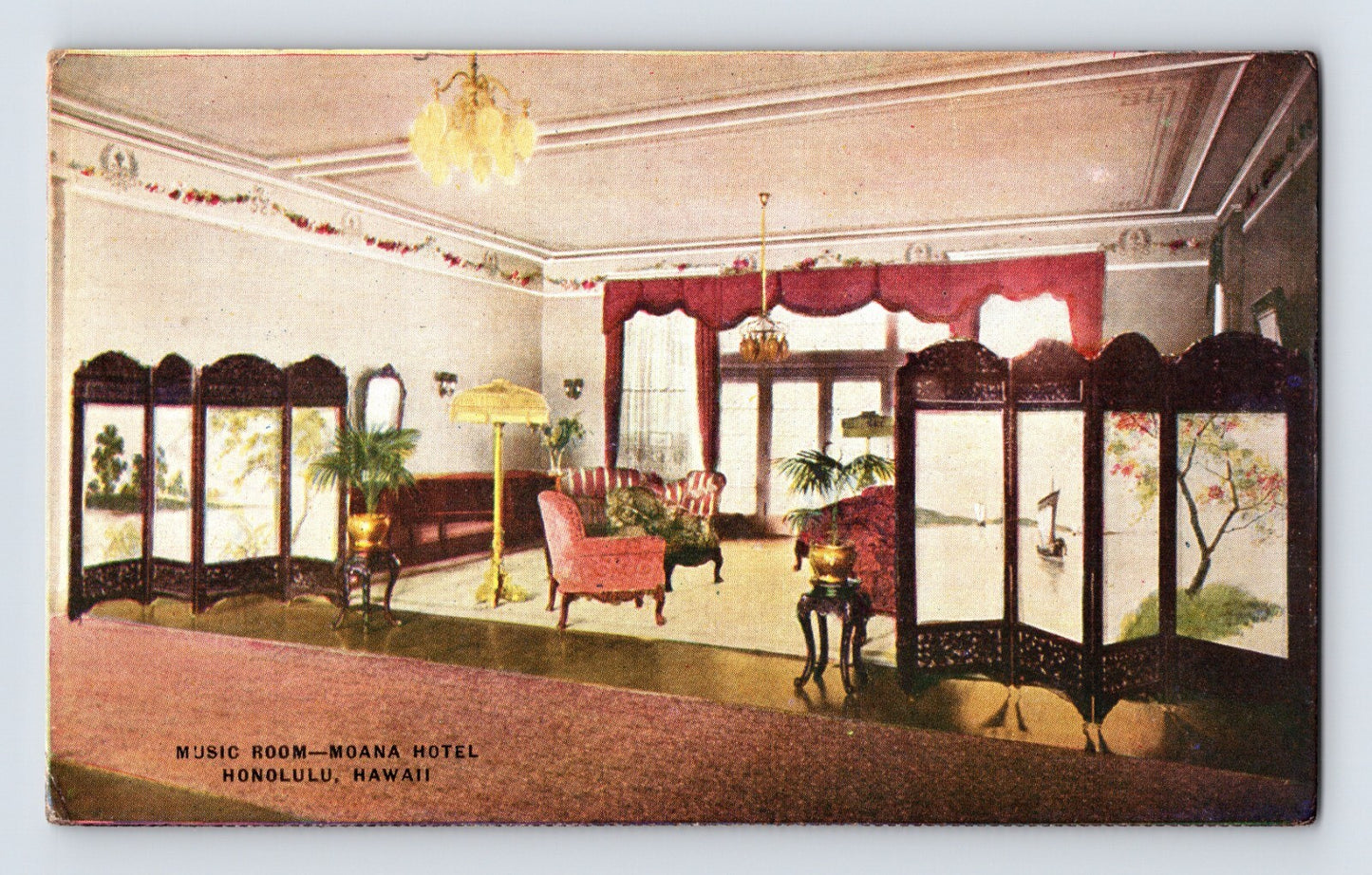 Music Room interior at Moana Hotel Honolulu Hawaii with folding screens and parlor furnishings 1910s postcard 