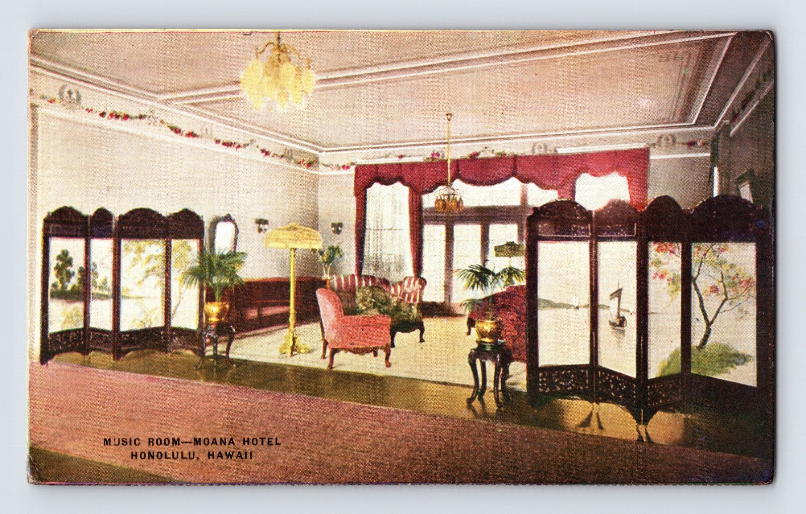 Music Room interior at Moana Hotel Honolulu Hawaii with folding screens and parlor furnishings 1910s postcard 