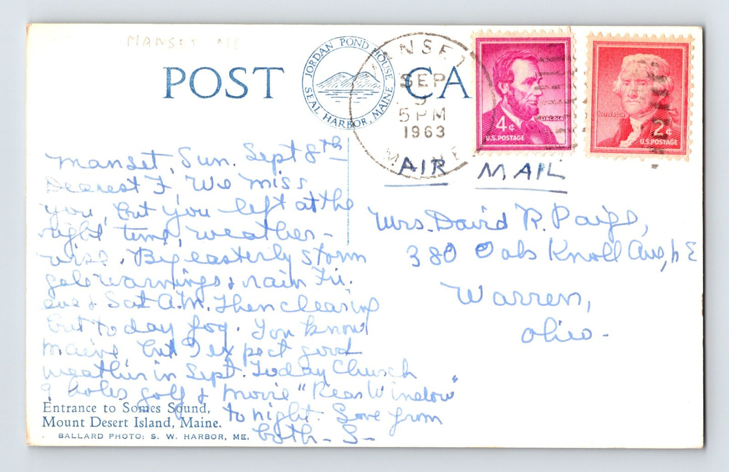 Somes Sound Maine Mount Desert Island 1963 Postcard RPPC Posted