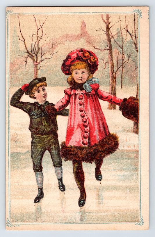 Wheeler Wilson sewing machines Victorian trade card children ice skating winter scene