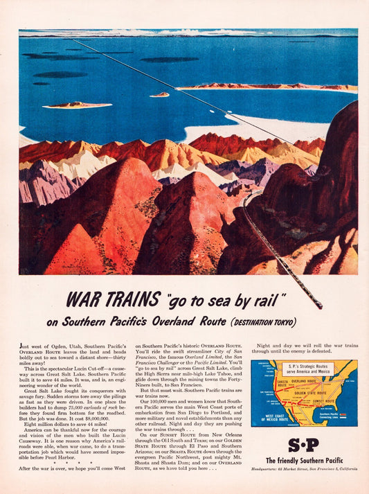 Southern Pacific railroad 1945 war trains go to sea by rail print ad coastal route illustration