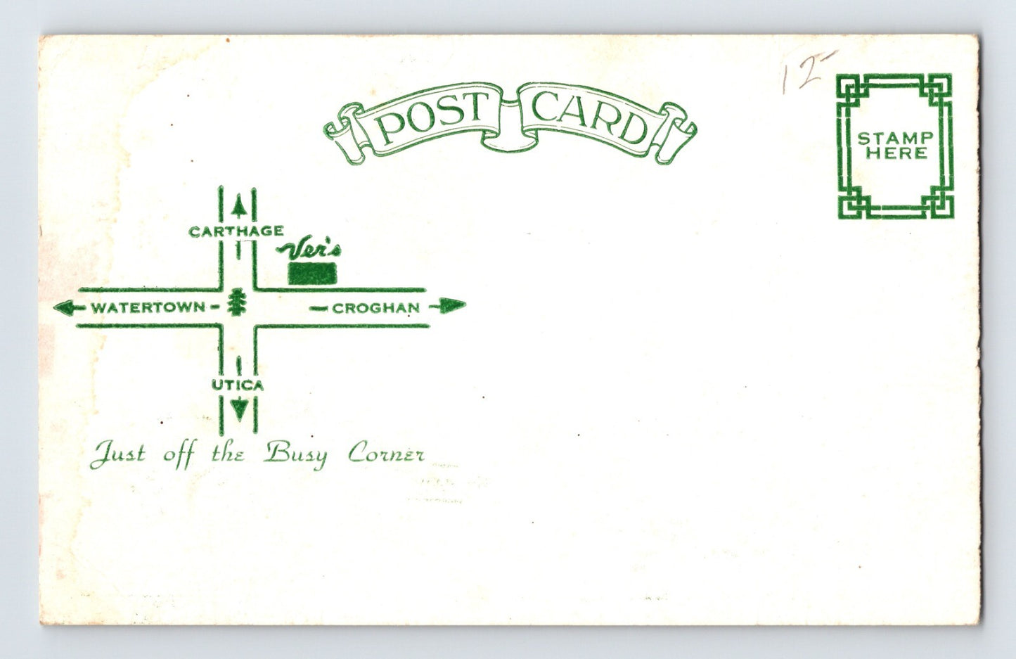 Lowville New York Ver’s Grill Restaurant 1940s Postcard Unposted
