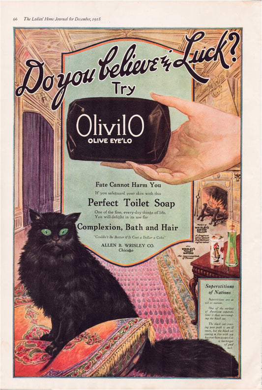 Olivilo Soap Black Cat Green Eyes 1918 Print Ad Full Page 11 x 16