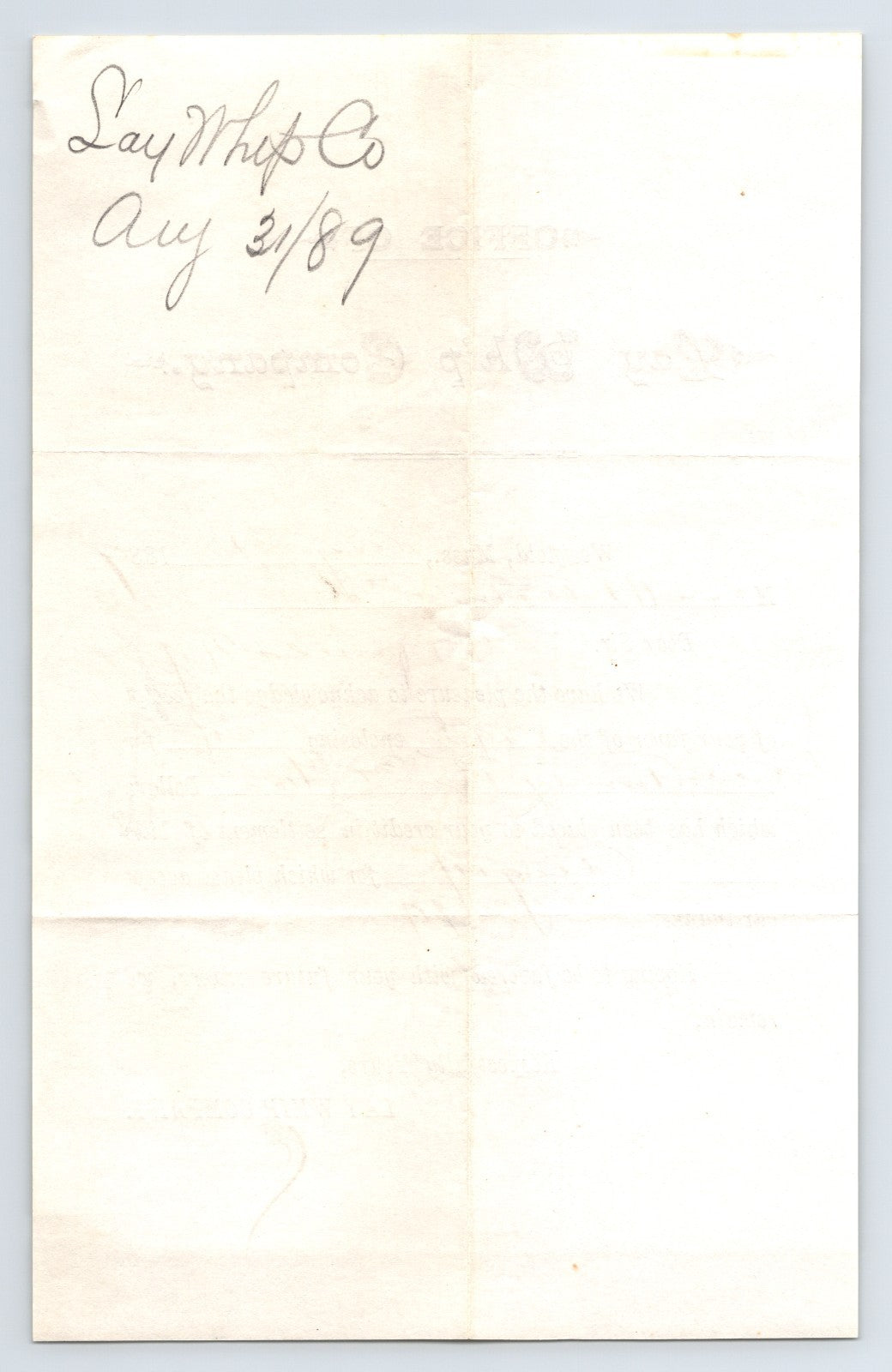 Westfield Massachusetts 1889 Lay Whip Company Billhead 8 x 5
