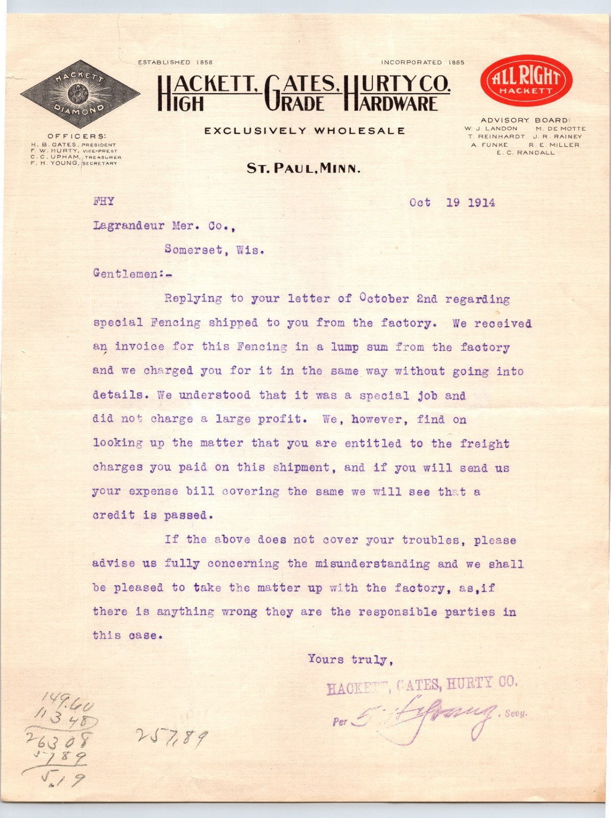 St Paul Minnesota 1914 Hackett Gates Hurty Company hardware letterhead with factory branding and typed business correspondence