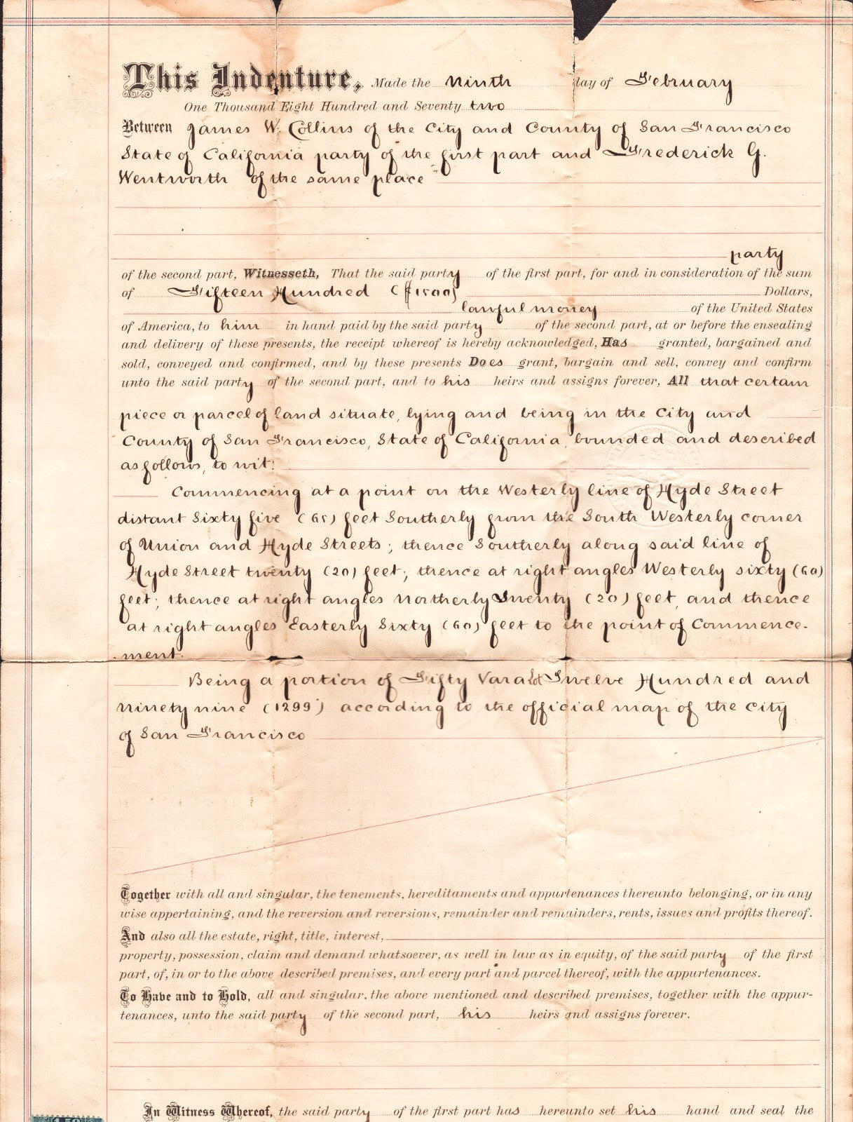 1872 San Francisco California property deed for Union and Hyde streets with handwritten legal text and red wax seal on large format document