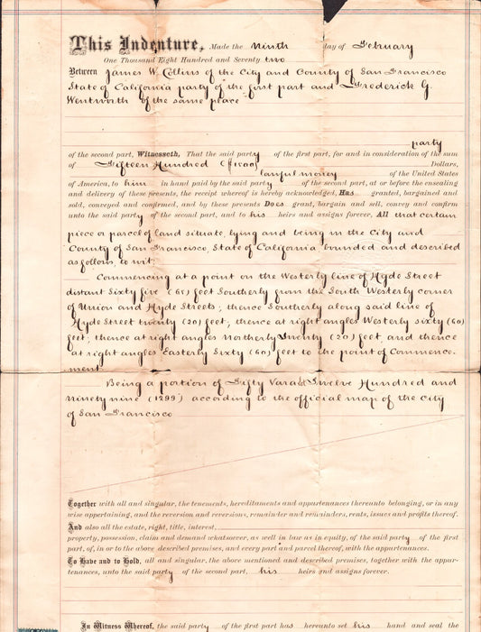 1872 San Francisco California property deed for Union and Hyde streets with handwritten legal text and red wax seal on large format document