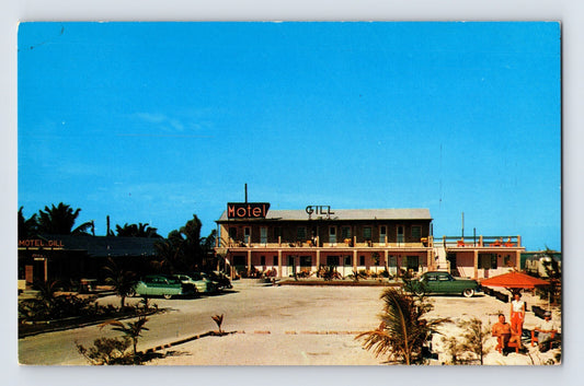 Key West Florida Motel Gill courtyard parking palm trees mid century motel cars chrome postcard