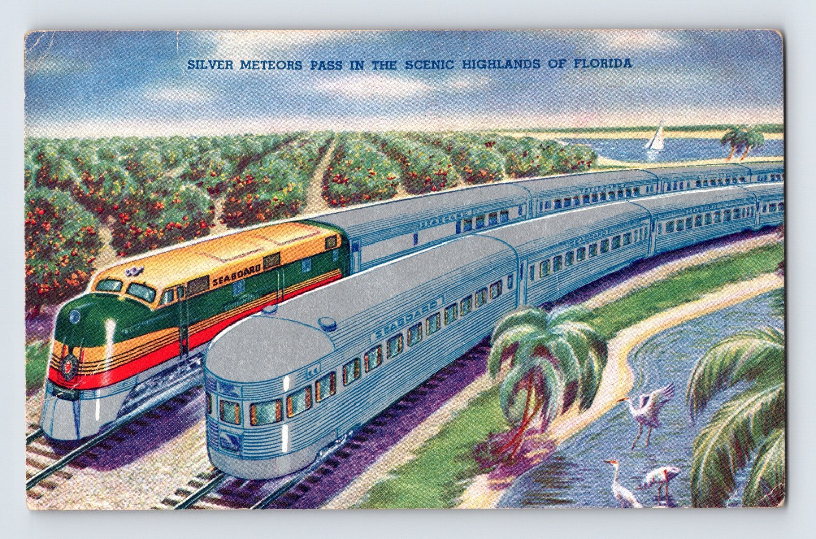 Seaboard Air Line Railroad Silver Meteor streamliner chrome postcard with illustrated passenger train passing through tropical Florida scenery.
