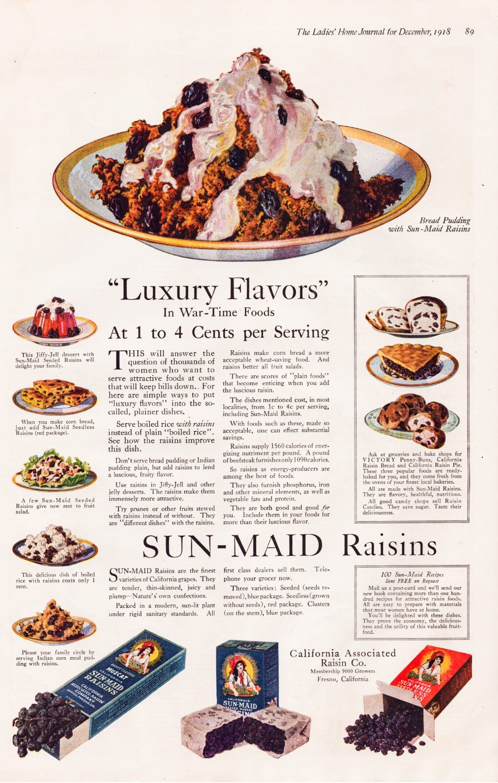 Sun-Maid Raisins 1918 Bread Pudding Recipe Print Ad Full Page 11 x 16