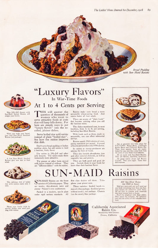 Sun-Maid Raisins 1918 Bread Pudding Recipe Print Ad Full Page 11 x 16