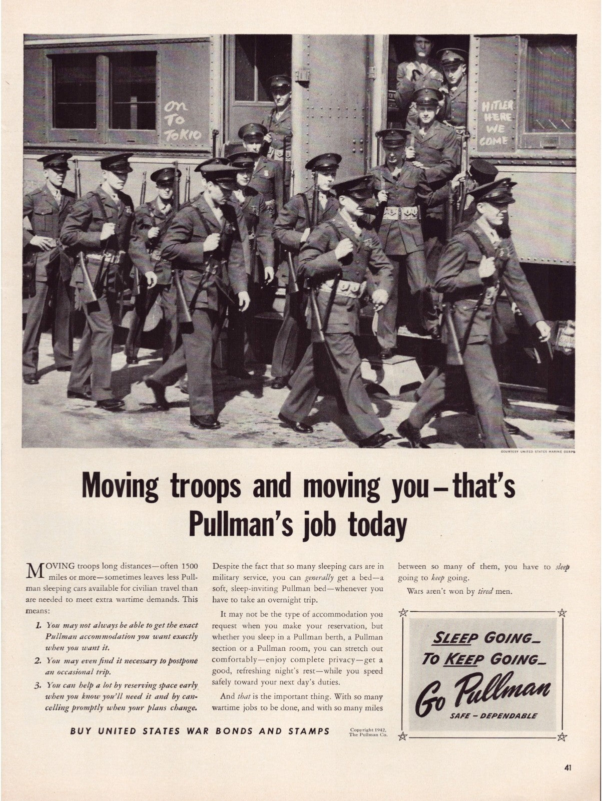 Pullman railroad WW2 soldiers boarding train 1942 print ad full page
