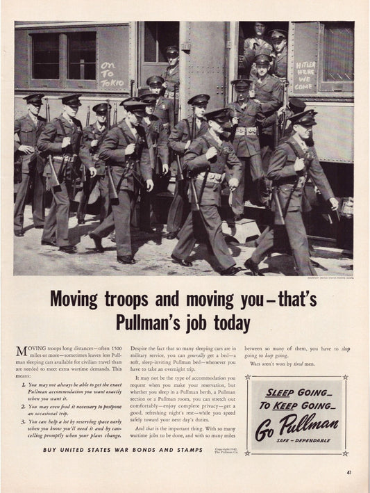 Pullman railroad WW2 soldiers boarding train 1942 print ad full page