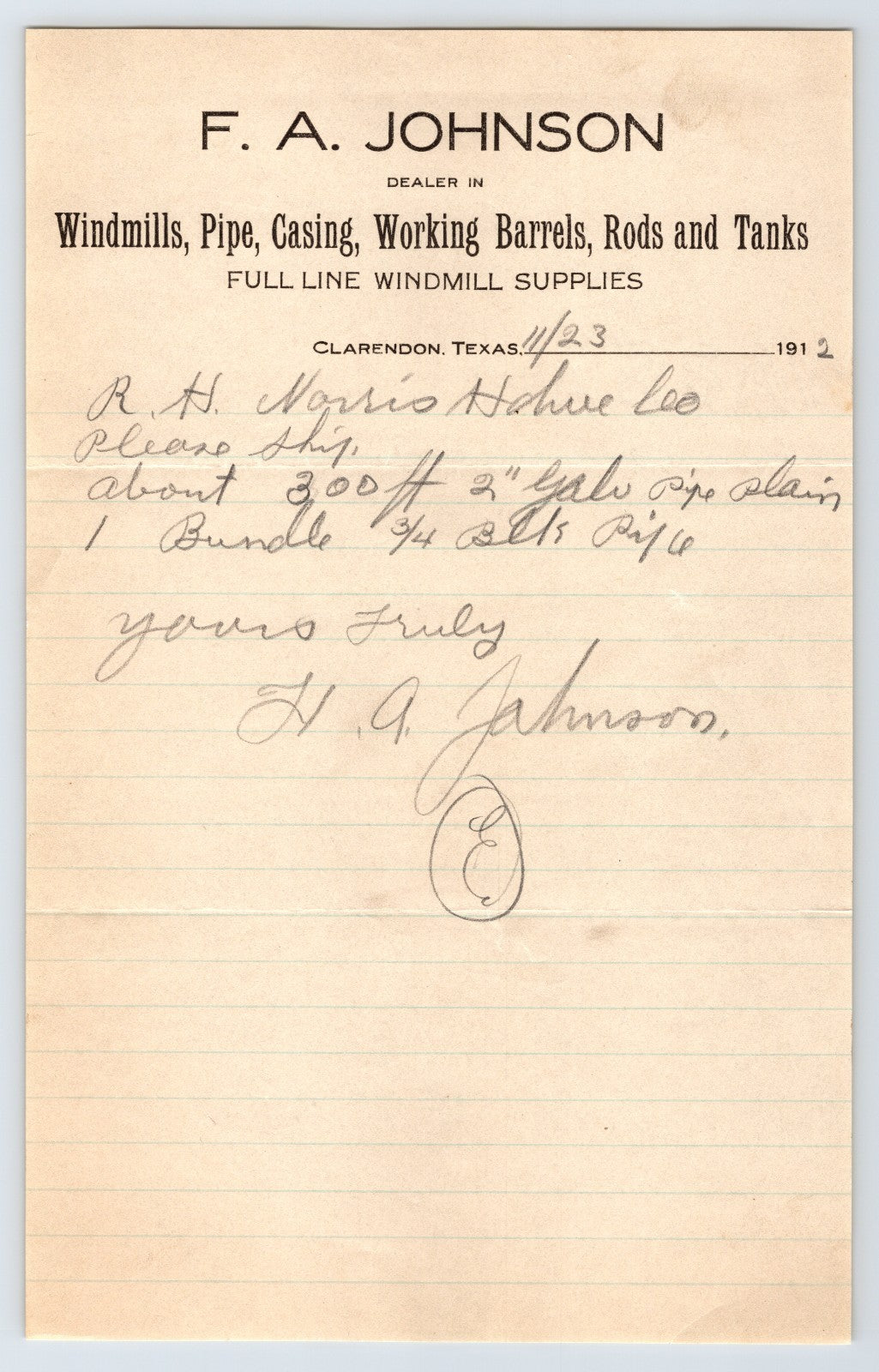 1912 F A Johnson Clarendon Texas windmill supply letterhead handwritten pipe order