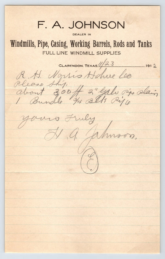 1912 F A Johnson Clarendon Texas windmill supply letterhead handwritten pipe order
