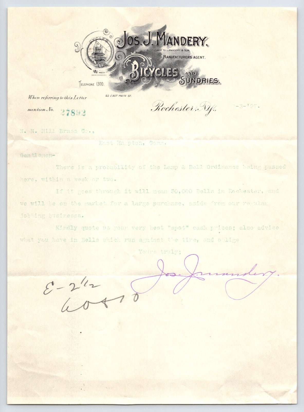 Joseph J Mandery Rochester New York 1897 Bicycle Letterhead 8.5 x 11
