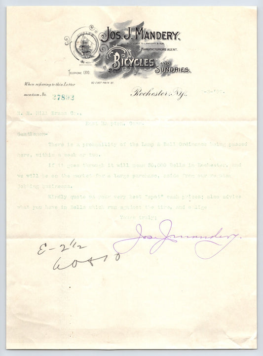 Joseph J Mandery Rochester New York 1897 Bicycle Letterhead 8.5 x 11