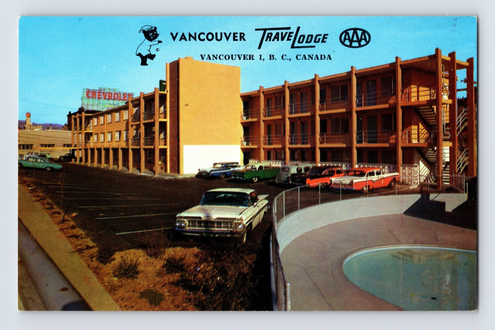 Vancouver British Columbia Travelodge motor hotel swimming pool parking lot 1960s postcard