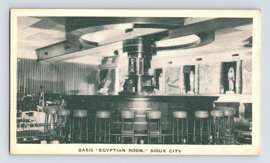 Postcard front shows Oasis Egyptian Room bar Sioux City Iowa 1940s unposted interior stools mural décor