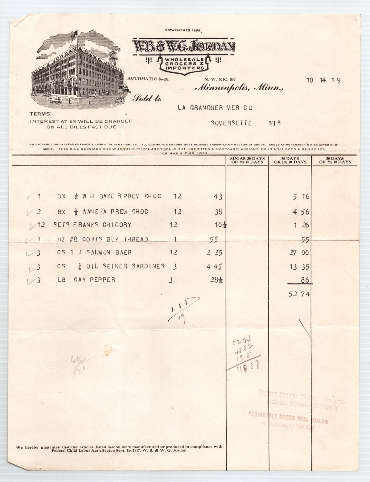 1919 W B W G Jordan billhead from Minneapolis Minnesota showing wholesale grocer dry goods invoice with itemized entries and company building illustration