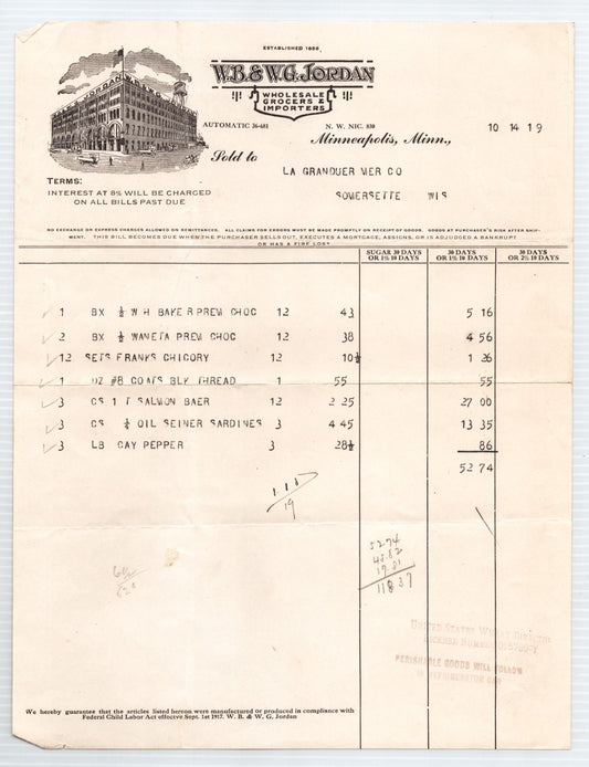 1919 W B W G Jordan billhead from Minneapolis Minnesota showing wholesale grocer dry goods invoice with itemized entries and company building illustration