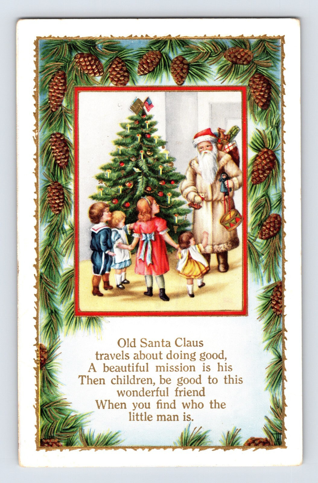 Christmas postcard Santa Claus with white fur robe and children around decorated tree 1920s