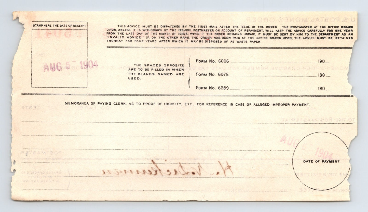 Alleghany California 1904 Postal Money Order Advice Sutter Creek 3.5 x 5.5