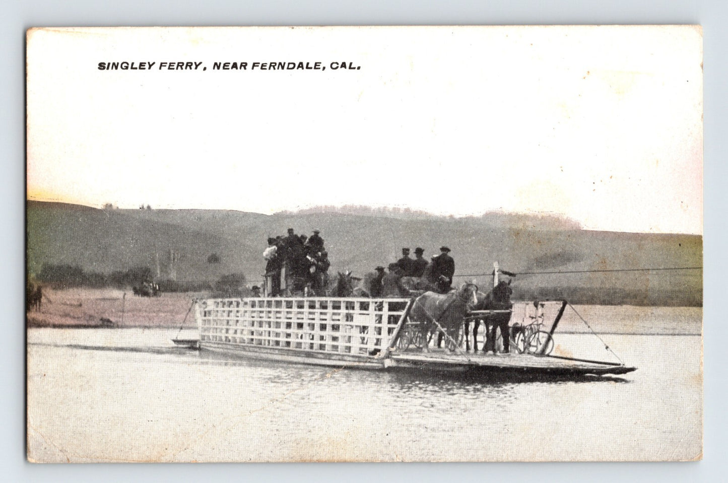 Singley Ferry near Ferndale California horse drawn river ferry with passengers 1917 posted divided back postcard