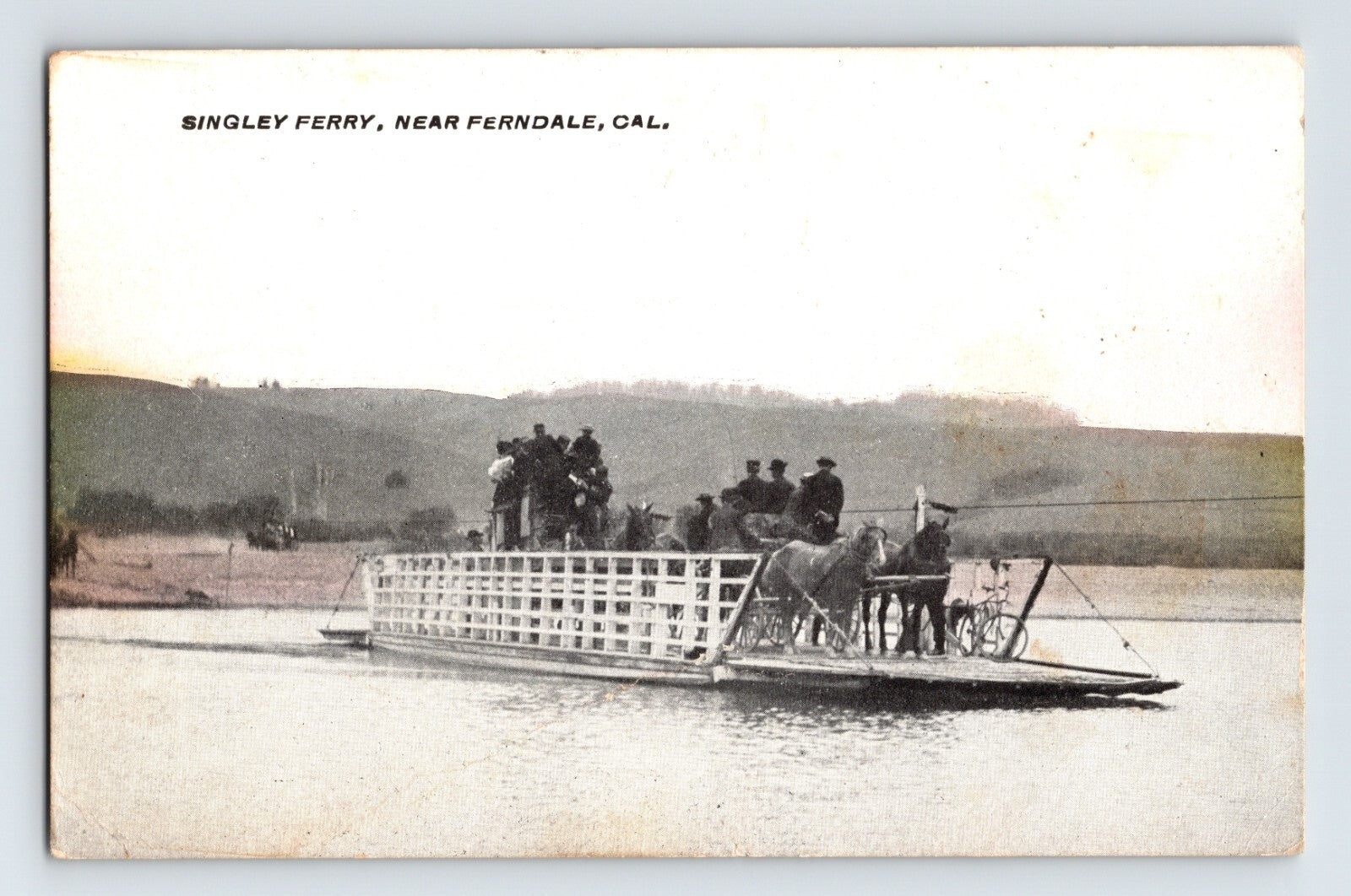 Singley Ferry near Ferndale California horse drawn river ferry with passengers 1917 posted divided back postcard
