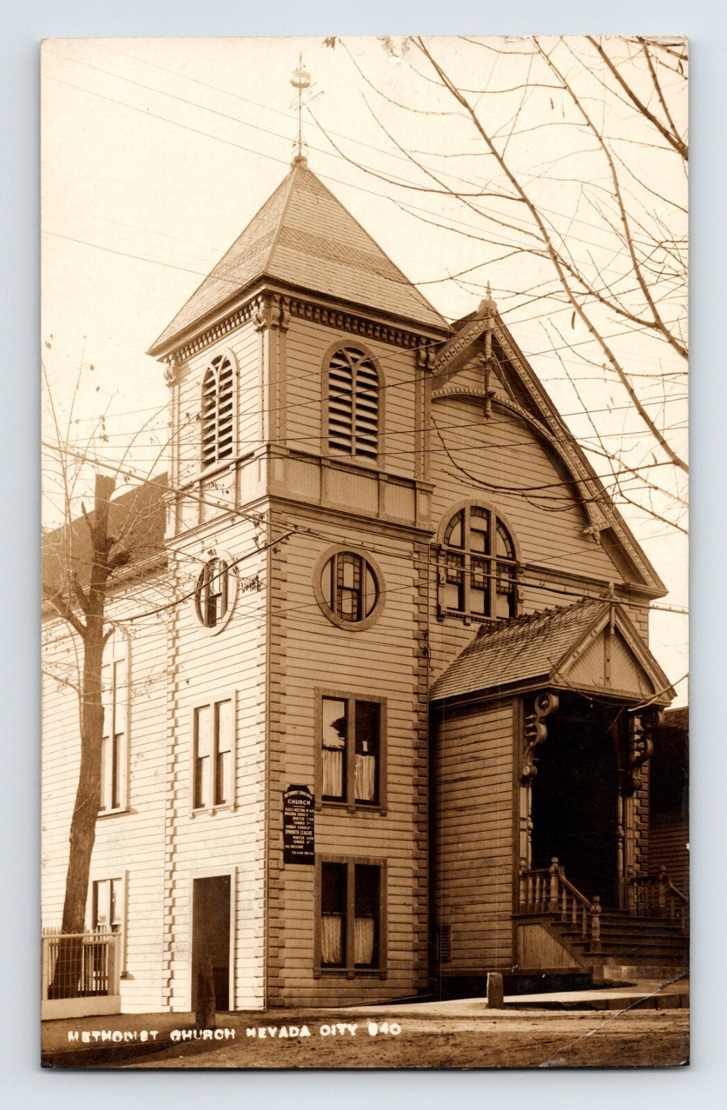 Nevada City California Methodist Church Epworth League building tower 1910s RPPC postcard